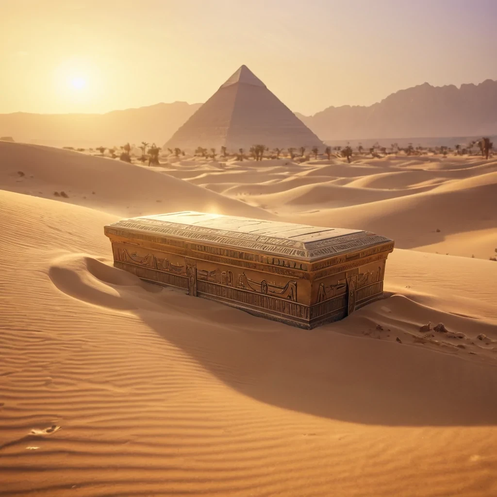 A levitating, ancient Egyptian sarcophagus floats above a desert oasis, emitting a soft glow that illuminates the surrounding sand dunes, hyperrealistic, ultra HD, cinematic lighting, volumetric lighting, atmospheric effects, dynamic lighting, bokeh effect, soft focus, lens flare, golden hues, deep oranges, and mysterious purples, detailed textures.