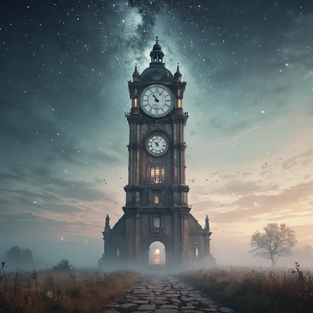 A colossal, ancient clock tower stands alone in a misty landscape, its face adorned with constellations that shift and change, hyperrealistic, ultra HD, cinematic lighting, volumetric lighting, atmospheric effects, soft focus, pastel tones, detailed textures.