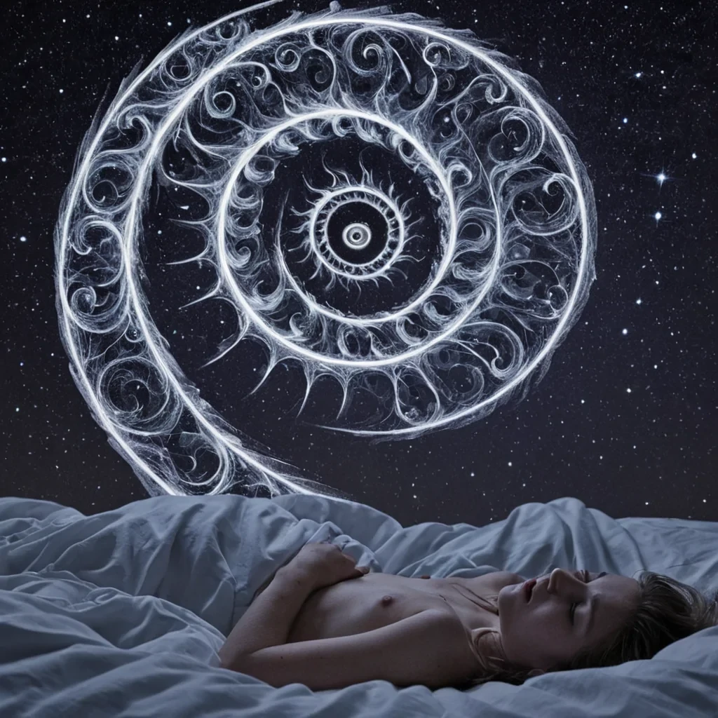 A single, selfluminous thread of liquid starlight, shaped like a fractalized, breathing spiral of inverted memory and unformed time, pulses through the center of a vast, inverted sky made of the solidified dreams of a civilization that communicated through the duration of synchronized, silent dreaming of the same unremembered childhood. The thread does not recallit undreams, each contraction dissolving a layer of nostalgia that never coalesced into a shared recollection, reforming into ephemeral, amethystveined afterimages shaped like the negative space between two eyes that never closed in unison during the same moment of mutual slumber. The sky is not atmosphericit is a stratified expanse of petrified innocence,