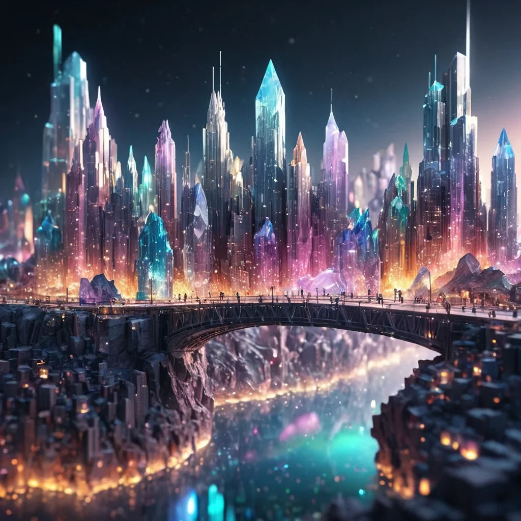 A crystaline, levitating cityscape where buildings are grown from iridescent, glowing minerals, interconnected by shimmering, translucent bridges, hyperrealistic, ultra HD, cinematic lighting, volumetric lighting, atmospheric effects, dynamic lighting, bokeh effect, soft focus, lens flare, vibrant colors, detailed textures.