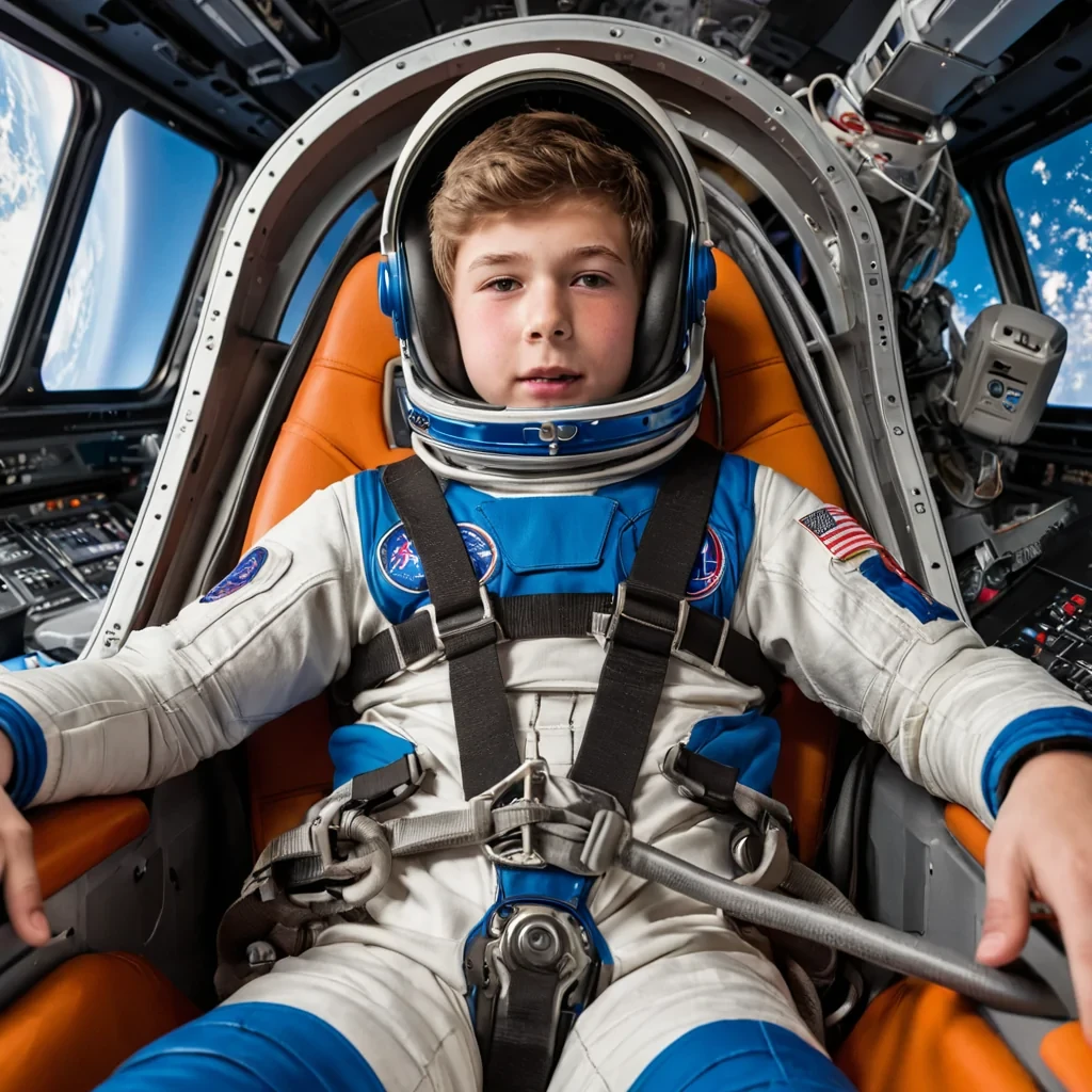 a teenage boy is experiencing g forcesstrap in his seat for the ride wearing a space suit and helmet inside a spaceship