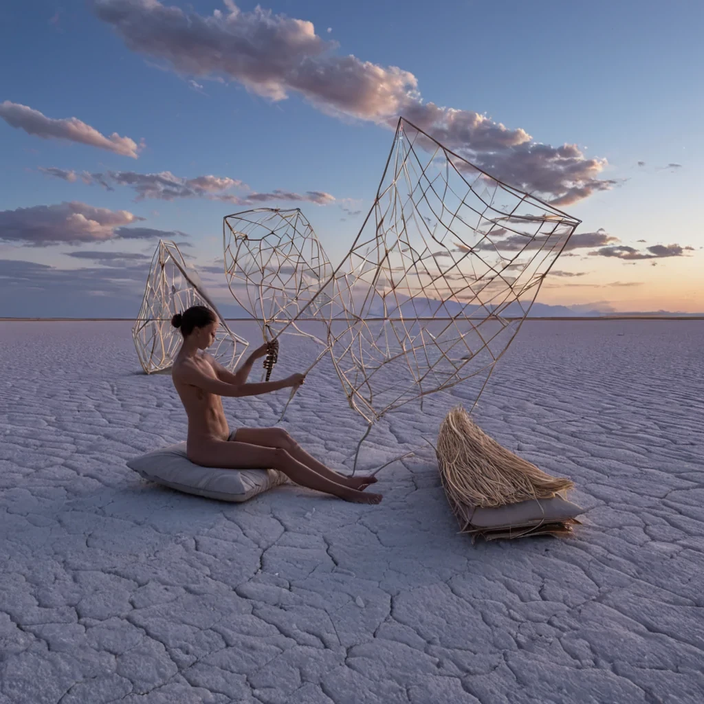 A panoramic, ultrawide shot of a vast, flat salt flat at high noon, where the ground is a perfect mirror reflecting a sky filled with massive, geometric cloud formations shaped like interlocking origami cubes in shades of soft lavender and pale yellow. Floating just above the surface are hundreds of sleek, white gliders with wings made of stretched silk, trailing ribbons of bioluminescent blue light that dance across the mirrorlike salt. In the foreground, a solitary figure sits crosslegged on a cushion of woven beige straw, playing a large, harplike instrument constructed from curved pieces of polished driftwood and silver wire, their hands blurred in motion. The lighting is harsh and direct, creating sharp, highcontrast reflections on the salt crust