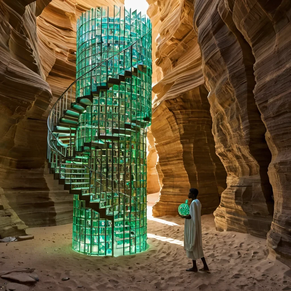 A horizontal, eyelevel wide shot of a colossal, vertical library constructed from stacked, translucent layers of compressed, iridescent motherofpearl, situated within a cavernous, dry desert canyon bathed in the harsh, golden light of high noon. The librarys spiral staircase is made of floating, magnetic iron dust that shifts and reforms underfoot, creating a shimmering, metallic pathway. In the center, a scholar with deep, ebony skin and wearing a structured, asymmetrical garment woven from coarse, white linen and adorned with intricate, geometric patterns in vibrant cobalt blue, carefully places a glowing, emeraldgreen gem into a slot on the wall, causing a ripple of soft, green light to pulse through the surrounding pearl layers.