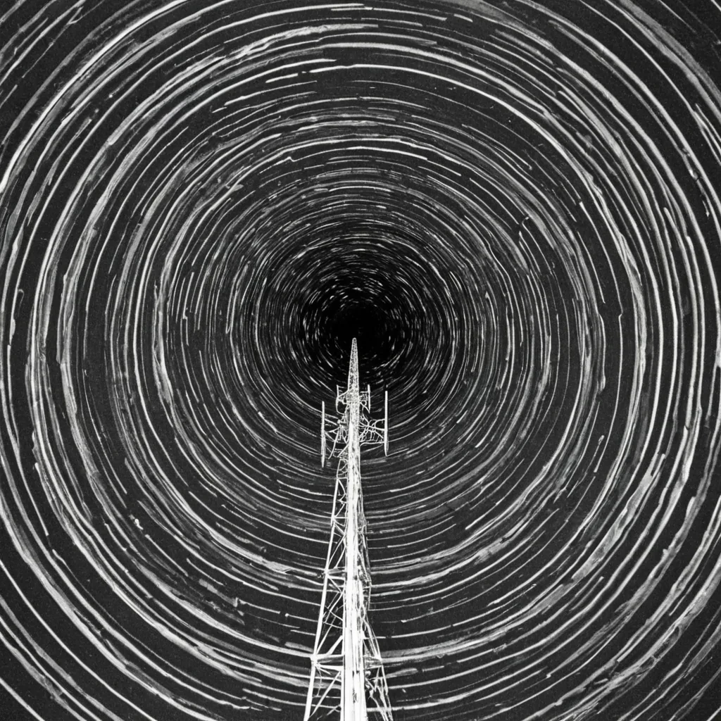 A single, selfsiphoning vortex of solidified static, shaped like a Mbius strip of reversed electromagnetic interference, rotates at the center of a vast, inverted radio tower suspended in the quantum limbo between two untransmitted frequencies. The vortex does not emitit untransmits, each spiral dissolving a layer of signal that never coalesced into a broadcast, reforming into ephemeral, copperveined afterimages shaped like the negative space between two antennas that never aligned on the same wavelength of shared meaning. The tower is not structuralit is a layered expanse of petrified transmission, each mast etched with the spectral residue of a message that was almost sent, its beams fracturing into shards of corrupted data that