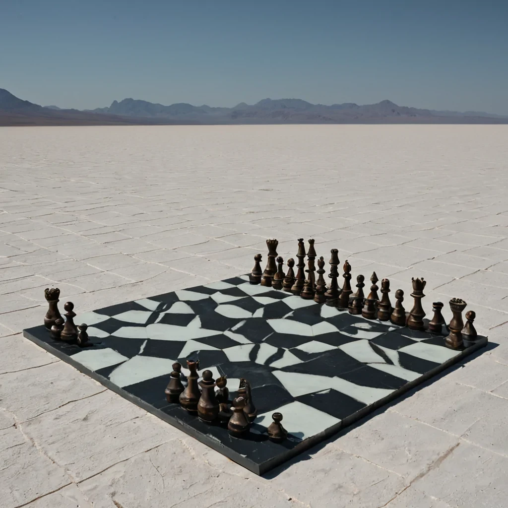 A horizontal, eyelevel wide shot of a vast, arid salt flat transformed into a colossal, geometric chessboard composed of interlocking hexagonal tiles in varying shades of matte charcoal, oxidized copper, and bleached bone white. Rising from the center of the board is a monolithic, spiraling tower constructed entirely from stacked, translucent blocks of amberhued resin, each block encapsulating a single, perfectly preserved dried flower or seed pod. The sky above is a crisp, cloudless azure, casting sharp, long shadows that stretch across the flat landscape. In the immediate foreground, a figure wearing a minimalist, highfashion ensemble made of stiff, pleated white linen stands holding a long, slender wand tipped with a glowing orb of pure white
