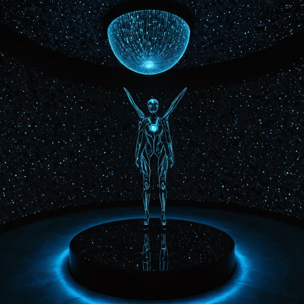 A horizontal, eyelevel wide shot of a vast, subterranean data sanctuary carved from seamless, matteblack basalt, where the walls are embedded with millions of tiny, glowing fiberoptic strands that pulse in synchronized waves of deep indigo and electric teal. The center of the chamber features a massive, suspended sphere of liquid mercury, perfectly still and reflecting the intricate network of light above, supported by three slender, articulated arms of brushed titanium. In the foreground, a curator wearing a sleek, formfitting suit of iridescent, scalelike armor with integrated holographic displays stands on a raised platform of polished obsidian, gently manipulating a floating, threedimensional map of a distant star system that emerges from the mercurys surface. The air