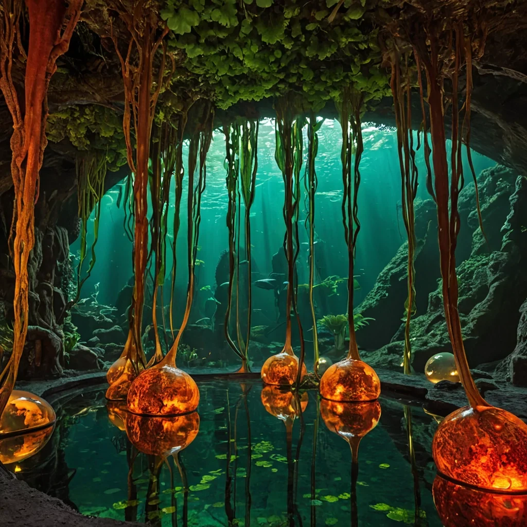 A horizontal, eyelevel wide shot of a subterranean hydroponic sanctuary carved into the hollowed interior of a colossal, ancient whale bone structure, where the porous walls are lined with glowing tubes of kelp that emit a soft, bioluminescent green light. The floor is a shallow, clear pool of nutrientrich water that reflects the intricate riblike arches of the ceiling, which are draped in cascading curtains of vibrant red and orange moss. Suspended from the skeletal framework are hundreds of floating, spherical pods made of translucent amber resin, each containing a different species of exotic, nontree flora such as giant ferns, succulents, and carnivorous pitcher plants. In the center, a figure wearing a streamlined, white