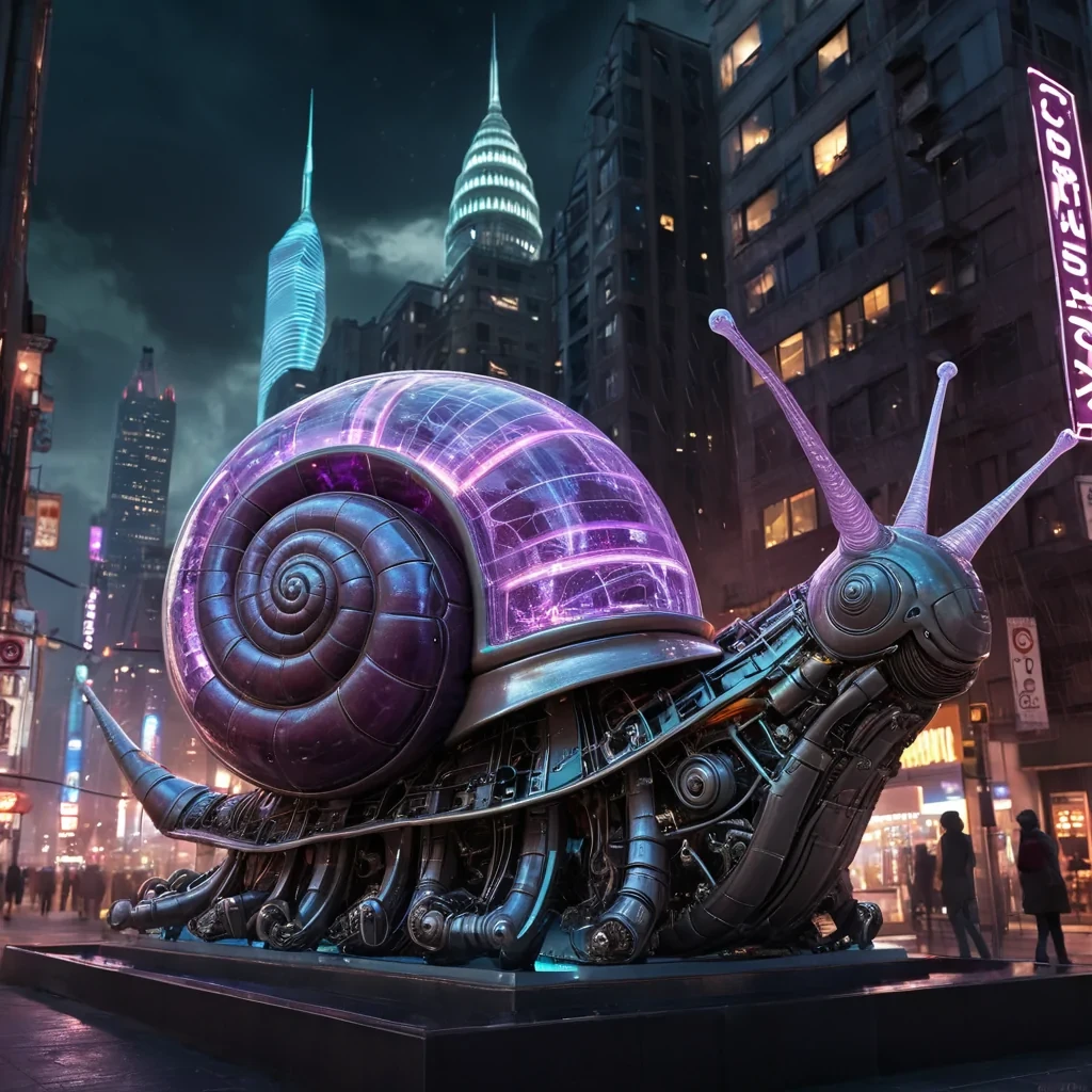 A colossal, ancient, mechanical snail, its metallic shell adorned with intricate, pulsating neon circuits, inches through a stormy, amethyst nebula. Within its transparent, bioluminescent body, a labyrinthine, neonlit cityscape sprawls, its towering, glass spires casting ephemeral shadows on the citys sentient, robotic inhabitants. Rendered in ultra HD, with dynamic lighting, atmospheric effects, and vibrant colors, evoking a sense of surreal, otherworldly wonder at this celestial, mechanical marvel.