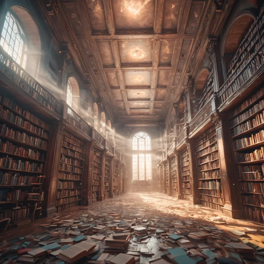 A vast, abandoned library floating in the clouds, its bookshelves stretching endlessly, filled with luminescent tomes that emit soft, ethereal light, hyperrealistic, 8K, cinematic lighting, volumetric lighting, atmospheric effects, dynamic lighting, bokeh effect, soft focus, lens flare, pastel tones, detailed textures.