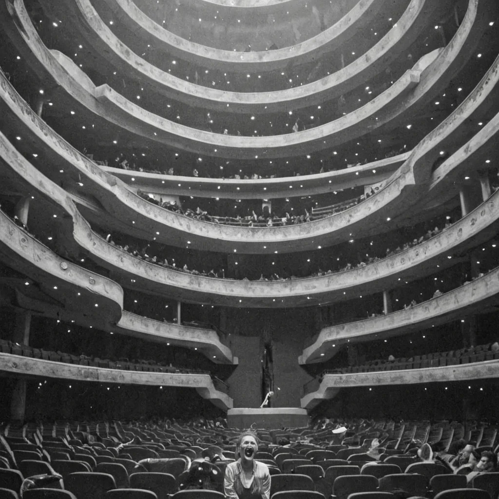 A single, selfreverberating column of solidified laughter, shaped like a 17dimensional helix of inverted joy and unformed euphoria, stands frozen at the center of a vast, inverted theater built from the petrified applause of a civilization that measured happiness not by smiles, but by the duration of synchronized, breathless chuckles held just before the first joke was ever permitted to land in a world where humor was forbidden. The column does not echoit unlaughs, each ripple shedding a layer of comedic potential that never coalesced into a shared grin, reforming into ephemeral, citrinethreaded afterimages shaped like the negative space between two mouths that never curved in unison during the same moment of suspended disbelief