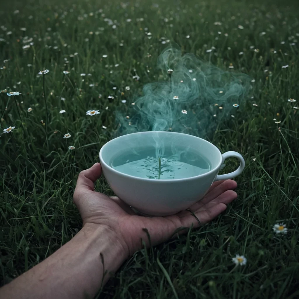 A single, floating teacup made of solidified mist hovers in the center of a vast, still meadow composed entirely of compressed, unspoken lullabies from a civilization that communicated through the scent of forgotten rain. The teacup does not contain liquidit holds a slow, spiraling bloom of vapor shaped like the negative space between two hands that never cradled a child, each curl glowing with the faint, bioluminescent afterimage of a lullaby sung in a language that only exists in the silence after a dream ends. The meadow is not grassit is a layered expanse of suspended breaths from a thousand unshared bedtime stories, each blade etched with the emotional residue of a lullaby