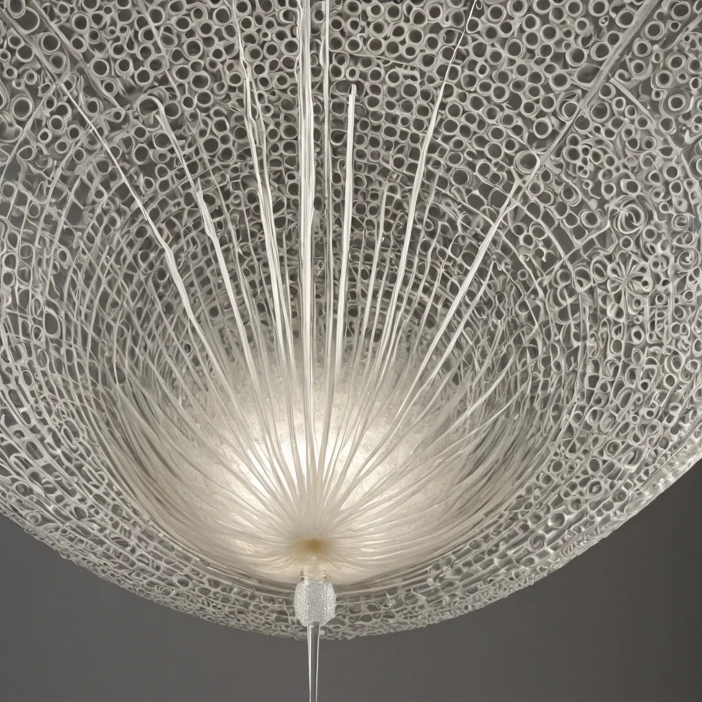 A hyperrealistic, isometric closeup of a delicate, floating instrument made of woven spider silk and polished moonstone, shaped like a tuning fork but with three prongs instead of two. The instrument is suspended in a zerogravity chamber where the air is replaced by a dense, slowmoving gel of pale, pearlescent foam. Each time the fork is struck by an invisible force, it does not vibrate but instead ripples the foam into concentric, solid rings that harden into intricate, lacelike geometric patterns, creating a rapidly expanding sculpture of translucent, bubblelike walls. The lighting is soft and diffused, emanating from within the foam itself, casting no shadows but creating a gentle, glowing halo around the instrument.