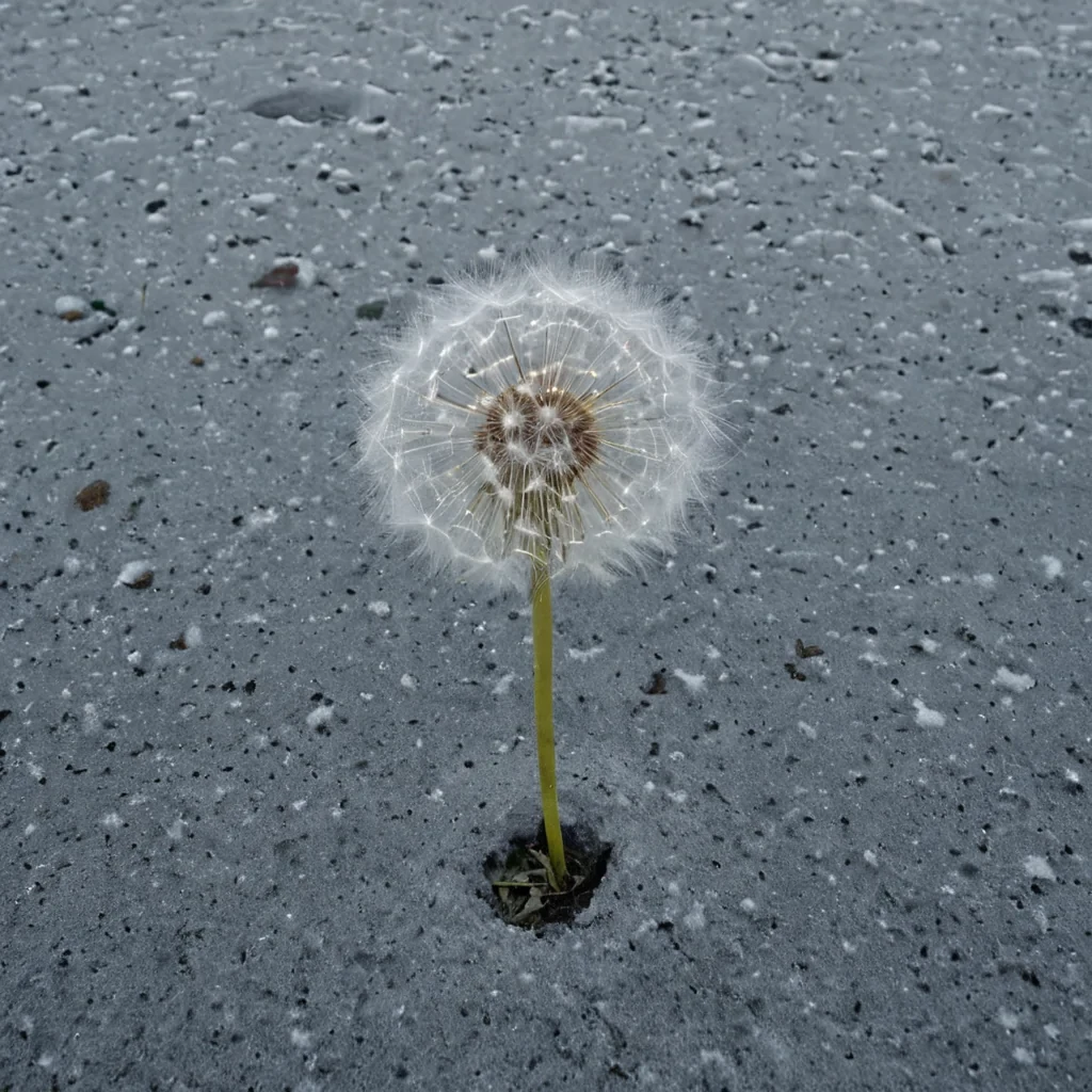 A single, selfsustaining dandelion of compressed silence blooms in the center of a vast, still tundra made entirely of solidified breaths from a civilization that communicated through the texture of unspoken promises. The dandelion does not disperse seedsit exhales a slow, spiraling mist of unformed words, each particle shaped like the negative space between two lips that never parted, glowing with the faint, subsonic resonance of a vow that was almost whispered. The tundra is not frozen groundit is a layered expanse of suspended intention, each stratum etched with the emotional residue of a handshake that never happened, its surface shimmering with the afterimage of a future that was almost chosen. The wind does