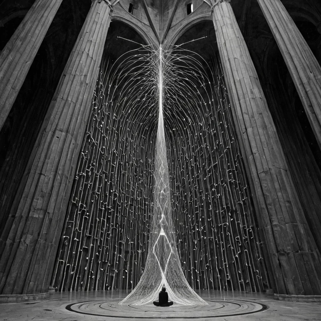 A single, selfrewriting constellation of inverted silence, shaped like a 503dimensional lattice of unformed quiet and reversed acoustics, pulses at the center of a vast, inverted cathedral of solidified soundeach column forged from the petrified moment between a whisper forming and its refusal to travel, a song beginning and its sudden collapse into pure stillness, a heartbeat echoing and its unraveling into ambient void. The constellation does not silenceit unsilences, each trembling node shedding a layer of auditory potential that never coalesced into a shared resonance, reforming into ephemeral, obsidianthreaded afterimages shaped like the negative space between two ears that never leaned in to listen, suspended in the breath