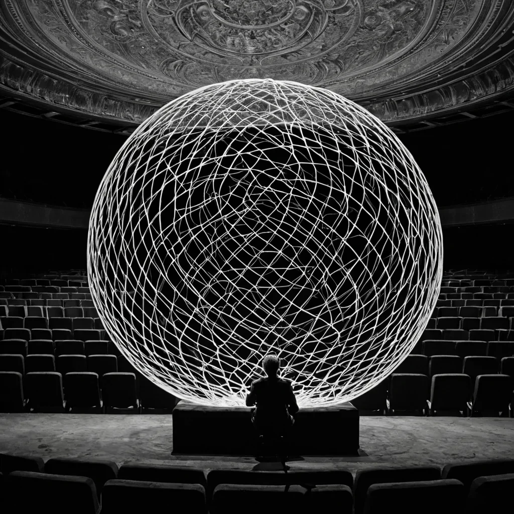 A single, selfoscillating filament of reversed dreams, shaped like a 913dimensional lattice of unformed subconscious and inverted imagination, drifts at the center of a vast, inverted theater of solidified wakefulnesseach velvet seat carved from the exact moment between a thought forming and its refusal to be named, a story beginning and dissolving into nonnarrative static, a laugh echoing and collapsing into pure, unshared silence. The filament does not dreamit undreams, each fraying thread shedding a layer of narrative potential that never coalesced into a shared fantasy, reforming into ephemeral, opalveined afterimages shaped like the negative space between two minds that never collided in sleep. The theater