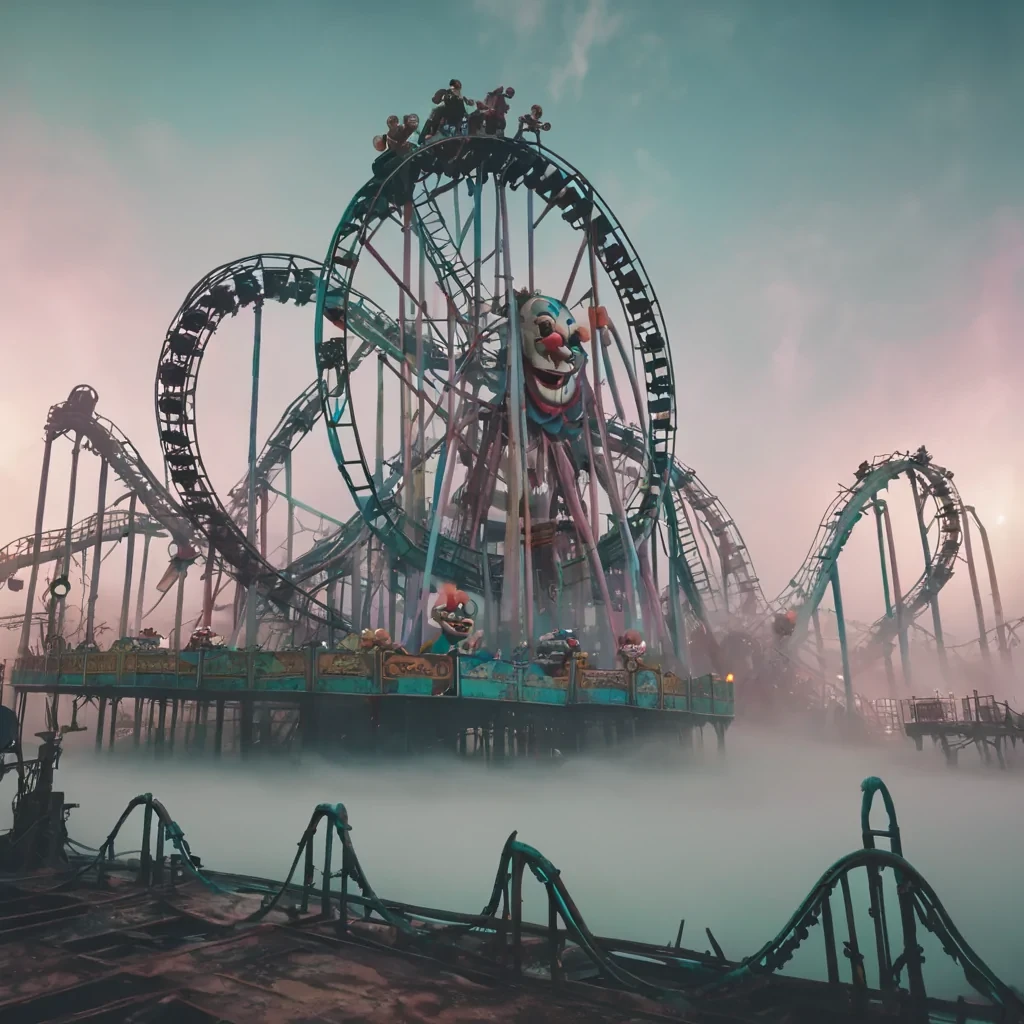A sprawling, abandoned amusement park submerged in a sea of fog, where rusted roller coasters twist into the sky, and eerie, mechanical clowns perform silent acts on empty stages, hyperrealistic, 4K, cinematic lighting, volumetric lighting, atmospheric effects, bokeh effect, pastel tones, detailed textures.