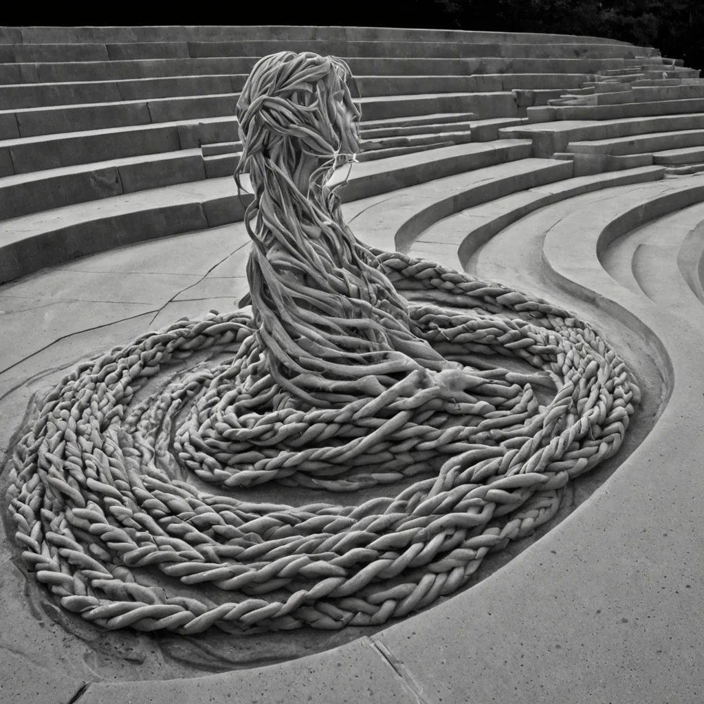 A single, selfrewriting tangle of liquid silence, shaped like a 439dimensional braid of unformed stillness and inverted quiet, pulses at the center of a vast, inverted amphitheater of solidified soundeach seat carved from the exact moment between a whisper leaving lips and its refusal to be heard, a breath held in anticipation and its sudden unraveling into nonresonant air, a hand raised in applause and dissolving into motionless gesture. The tangle does not muteit unmutes, each shimmering strand shedding a layer of acoustic potential that never coalesced into a shared ovation, reforming into ephemeral, moonstoneveined afterimages shaped like the negative space between two palms