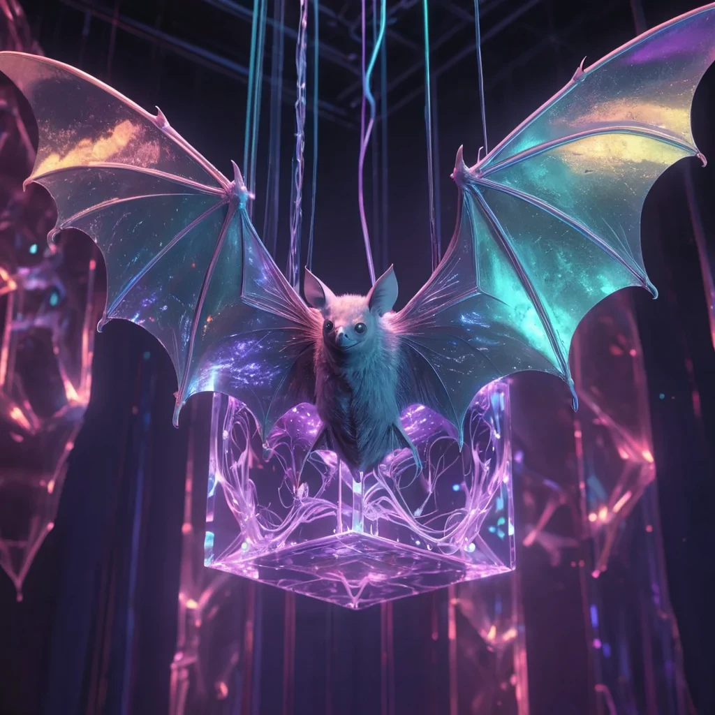 Hyperrealistic neon bats with reflective metallic wings soaring in a cubic topaz chamber filled with iridescent quantum mist, holographic tendrils weaving in dynamic lighting, soft focus, pastel tones, 4K