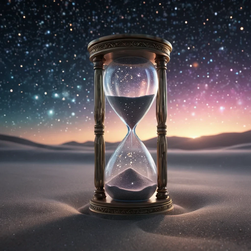 A hyperrealistic, 4K portrait of a floating, crystalline hourglass suspended in a void of shimmering, prismatic mist. The grains of sand inside glow with shifting hues of neon, each grain forming intricate constellations as they fall. The hourglass is encased in a luminous, geometric lattice that pulses with energy. Cinematic lighting highlights the intricate refractions and glimmers on the crystalline surface, while a subtle, ethereal bokeh effect adds depth to the infinite, surreal backdrop