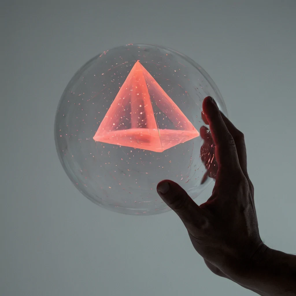 A tight, overtheshoulder shot from behind a pair of translucent, silicone fingers manipulating a floating, holographic interface composed of interlocking, matte black tetrahedrons. The interface hovers in a sterile, white void filled with a faint, drifting mist of silver powder. Each tetrahedron is made of a semiopaque, frosted ceramic material that emits a soft, rhythmic pulse of warm coral light from its core, casting subtle, geometric shadows on the silicone skin of the hand. The fingers are perfectly smooth, with visible, delicate capillaries beneath the surface that glow faintly red under the coral light. In the background, a massive, outoffocus sphere of liquid mercury rotates slowly, its surface rip