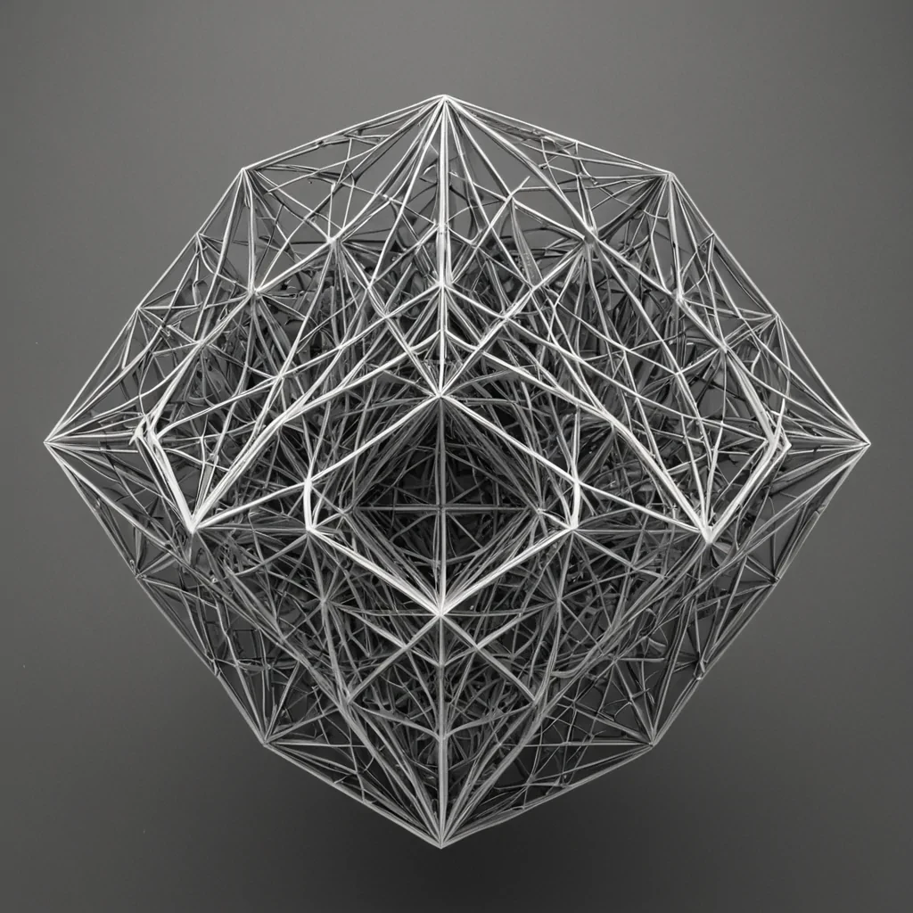 A single, selfunfolding tesseract of reversed geometry, shaped like a 13,842dimensional lattice of unformed space and inverted dimensionality, rotates in the center of a vast, inverted void of solidified perspective. Each facet is woven from the exact moment between a line being drawn and its refusal to extend, a corner being folded and dissolving into nonangle, a horizon being perceived and collapsing into pure, unmeasured nondepth. The lattice does not contain spaceit uncontains it, each expanding plane shedding a layer of spatial potential that never coalesced into form or boundary, reforming into ephemeral, topazveined light that fractures into floating, silent coordinates drifting like the afterimage of a