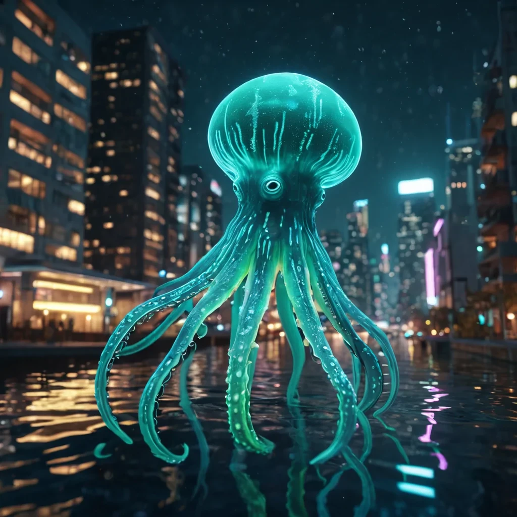 A bioluminescent squidlike creature swimming through an underwater neonlit city, buildings adorned with glowing algae, hyperrealistic, 4K, cinematic lighting, volumetric lighting, atmospheric effects, dynamic lighting, bokeh effect, soft focus, lens flare, vibrant colors, detailed textures.