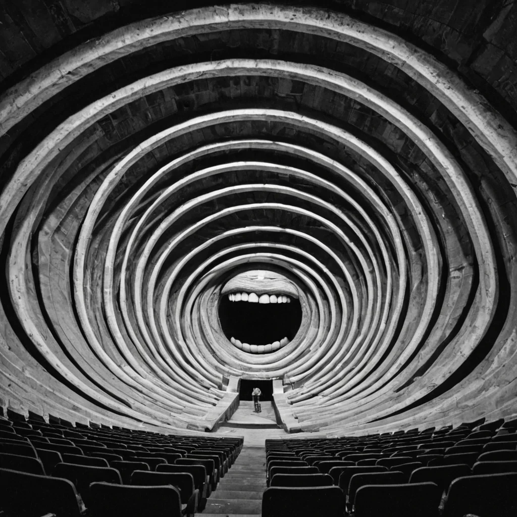 A single, selfdissolving filament of reversed laughter, shaped like a 389dimensional spiral of unformed mirth and inverted joy, drifts through the center of a vast, inverted amphitheater of solidified silenceeach seat carved from the exact moment between a joke being told and its refusal to be heard, a chuckle forming in throat and its sudden collapse into hollow air, a shared grin fading into unsmiling faces. The filament does not laughit unlaughs, each trembling coil shedding a layer of euphoric potential that never coalesced into a collective release, reforming into ephemeral, topazthreaded afterimages shaped like the negative space between two mouths that never opened at the same time,