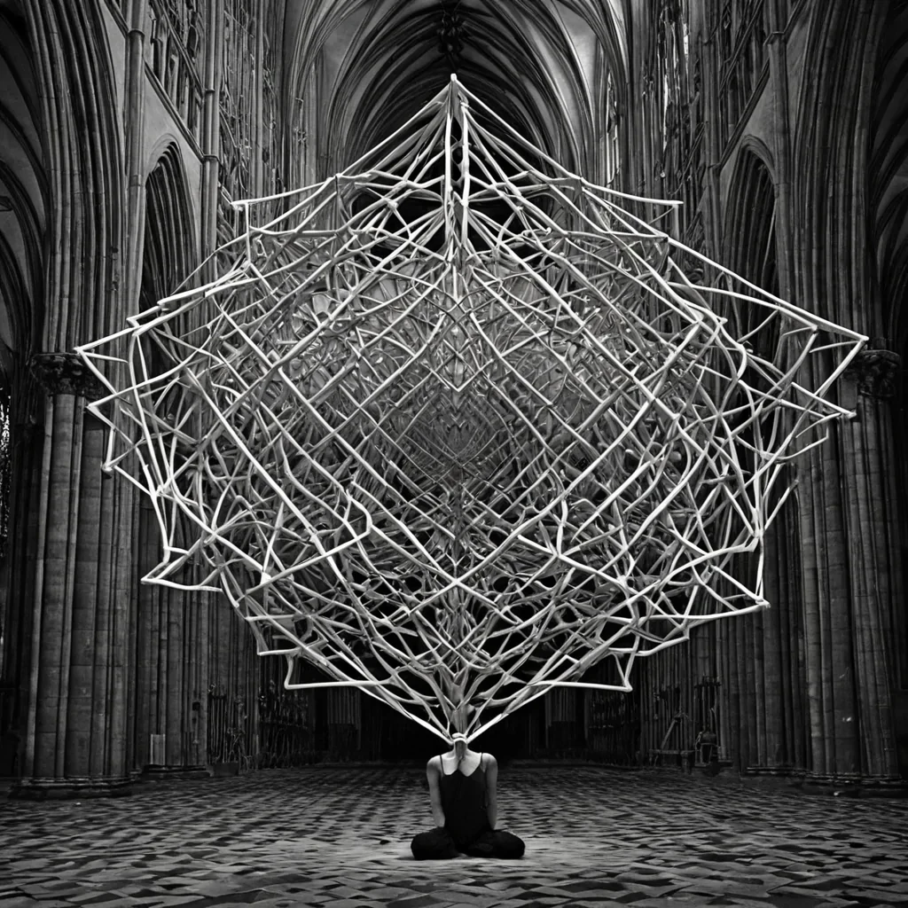 A single, selffragmenting lattice of reversed dreams, shaped like a 7,143dimensional tangle of unformed subconscious and inverted sleep, floats at the center of a vast, inverted cathedral of solidified wakefulness. Each node is woven from the exact moment between an eyelid closing and its refusal to surrender to darkness, a thought drifting into the mind and dissolving into nonimagery, a memory fading at dawn and collapsing into pure, unmeasured nonsleep. The lattice does not sustain dreamsit undreams them, each trembling junction shedding a layer of neural potential that never coalesced into narrative, symbolism, or the weight of being unconscious. As it pulses backward through the cathedrals mirrored spires