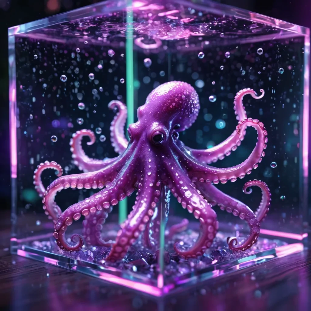 Hyperrealistic neon octopus with reflective metallic tentacles swirling in a cubic amethyst chamber filled with shimmering quantum dew, holographic droplets crystallizing in dynamic lighting, bokeh effect, vibrant colors, 4K
