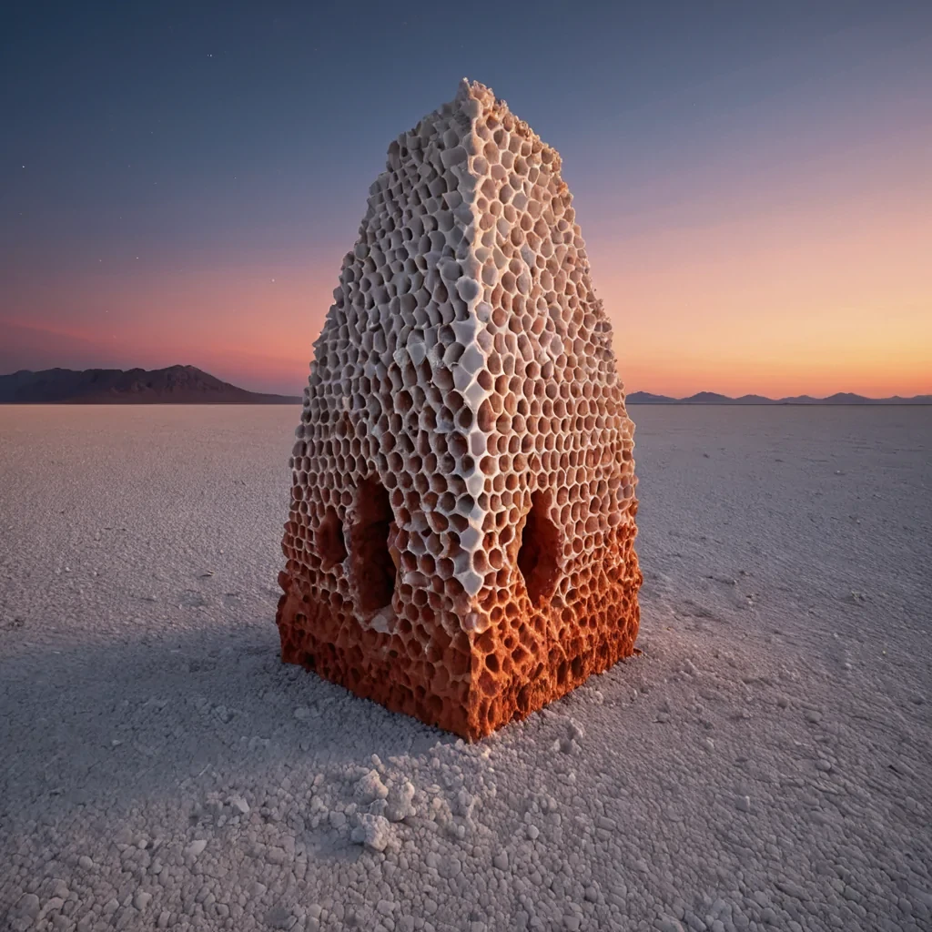 A hyperrealistic, eyelevel medium shot of a colossal, ancient stone monolith standing in the center of a vast, silent salt flat under a twilight sky painted in gradients of deep indigo and soft coral. The monolith is not solid rock but a porous structure composed of thousands of interlocking, hollow ceramic shards in varying shades of matte terracotta and glazed white, resembling a giant, fragmented honeycomb. Inside the intricate lattice of the monolith, warm, amber light spills out from small, internal chambers, illuminating delicate, floating dust motes that swirl in slow, hypnotic patterns around the structure. The ground is covered in a thick, blindingly white layer of crystalline salt that mirrors the sky, creating a seamless