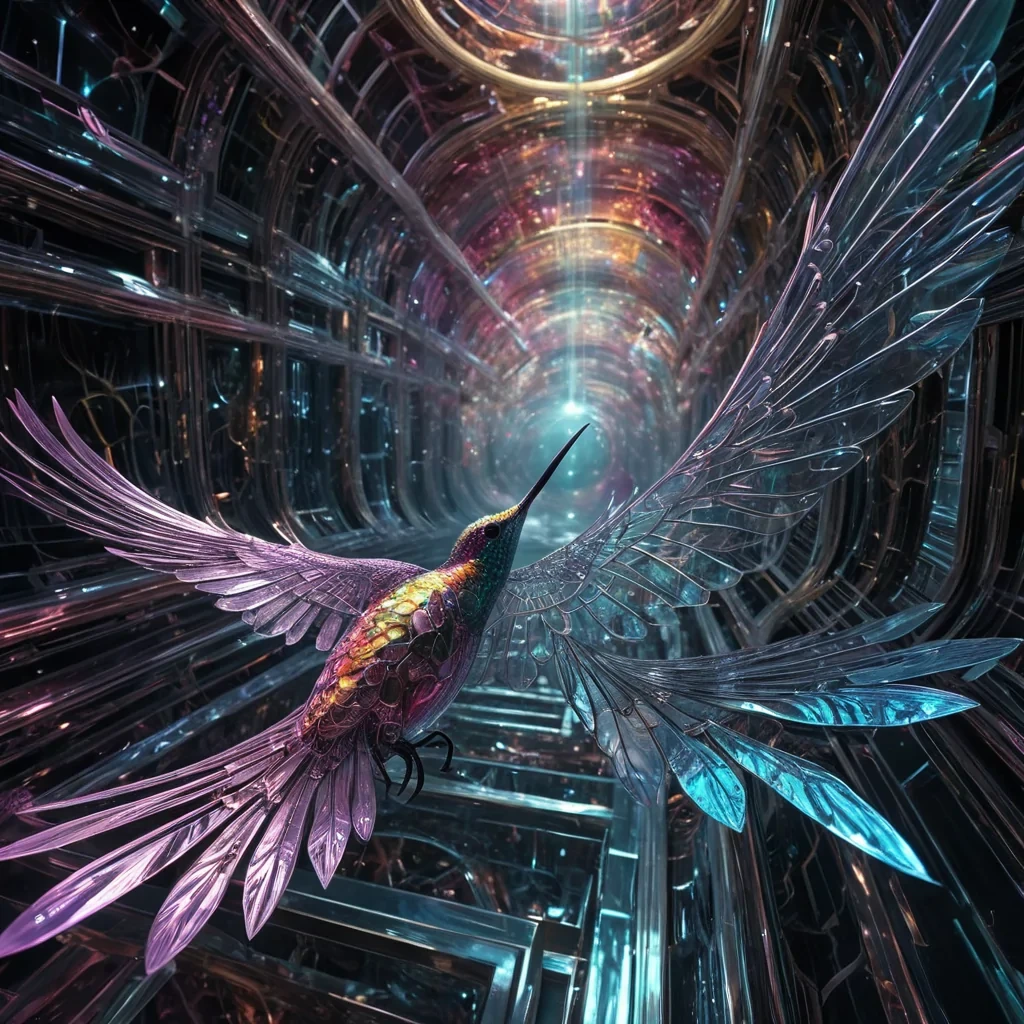 A colossal, ancient, sentient, glass and chrome labyrinth, suspended in the heart of a swirling, mesmerizing, interstellar nebula, its transparent walls revealing intricate, holographic, fractal patterns that dance and pulsate with ethereal, otherworldly life. A lone, levitating, iridescent, mechanical swarm of hummingbirds, their metallic wings adorned with fractal patterns, swirls around the labyrinth, casting dynamic, mesmerizing shadows under cinematic lighting. Captured in Ultra HD with vibrant colors, atmospheric effects, and a soft focus, evoking a sense of tranquil, otherworldly majesty.