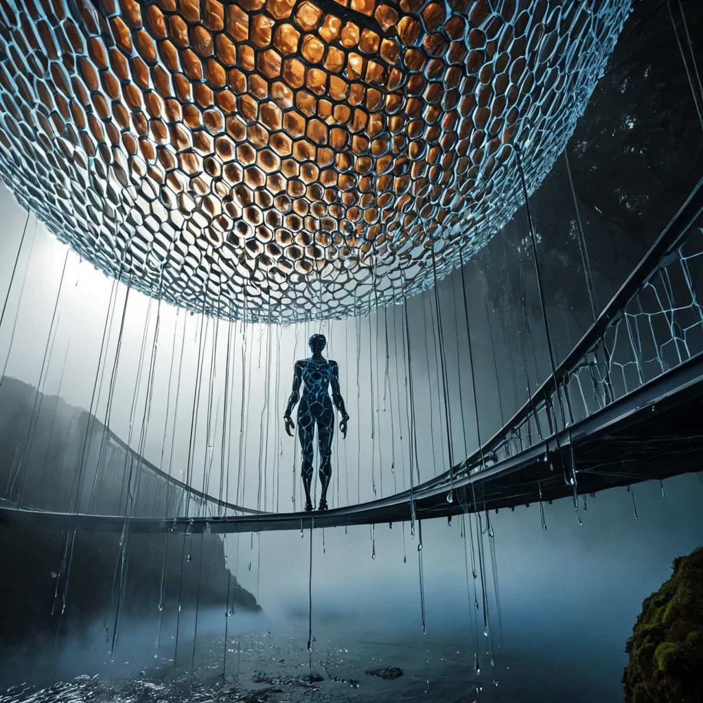 A hyperrealistic, lowangle shot of a solitary figure standing on a suspended bridge made of interlocking, translucent geometric honeycombs, spanning a chasm of deep, swirling indigo mist below. The figure wears an avantgarde suit constructed from rigid, hexagonal ceramic plates in matte white and iridescent pearl, with joints articulated by thin, glowing copper wires that pulse with soft amber light. Above, a massive, spherical structure resembling a stylized atomic model orbits slowly, its electron rings composed of shimmering, liquid silver that drips downward, defying gravity to form floating, teardropshaped islands of water and moss. The lighting is cool and diffuse, casting long, sharp shadows from the honeycomb bridge onto the mist