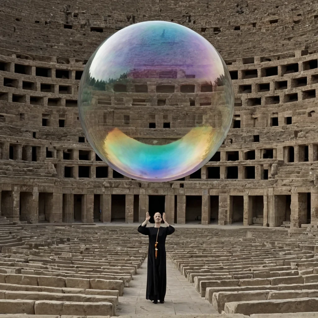 A single, selfresonating bubble of compressed silence, shaped like a perfect, iridescent sphere of reversed sound and unformed vibration, floats at the center of a vast, inverted amphitheater carved from the solidified echoes of a civilization that communicated through the duration of synchronized, silent clapping for the same unapplauded performance. The bubble does not amplifyit unclaps, each expansion dissolving a layer of applause that never coalesced into a shared ovation, reforming into ephemeral, motherofpearl veined afterimages shaped like the negative space between two palms that never met in rhythm during the same moment of mutual appreciation. The amphitheater is not theatricalit is a stratified expanse of