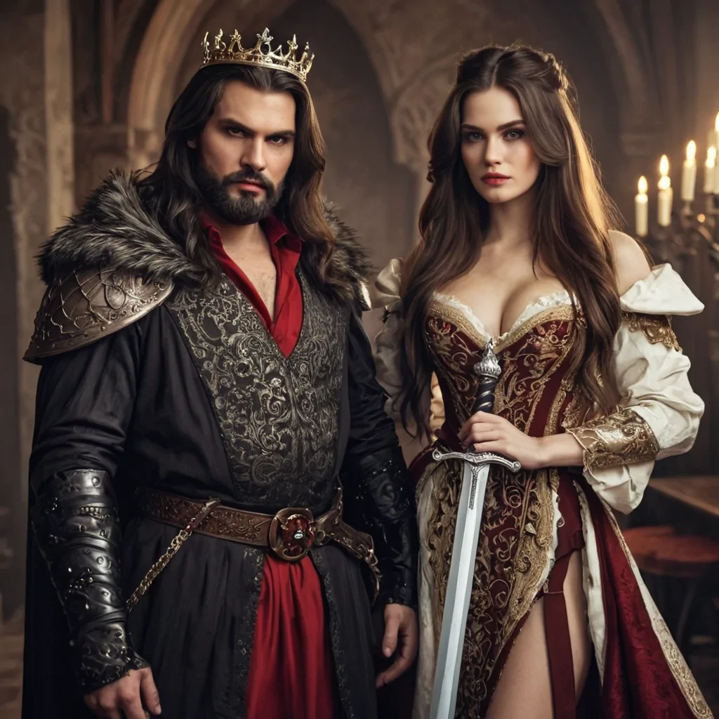 A modern handsome evil king has gotten chubby and grown a little beard with a sword in his hand dressed very nice with beautifully dressed beautiful brunette women with long hair