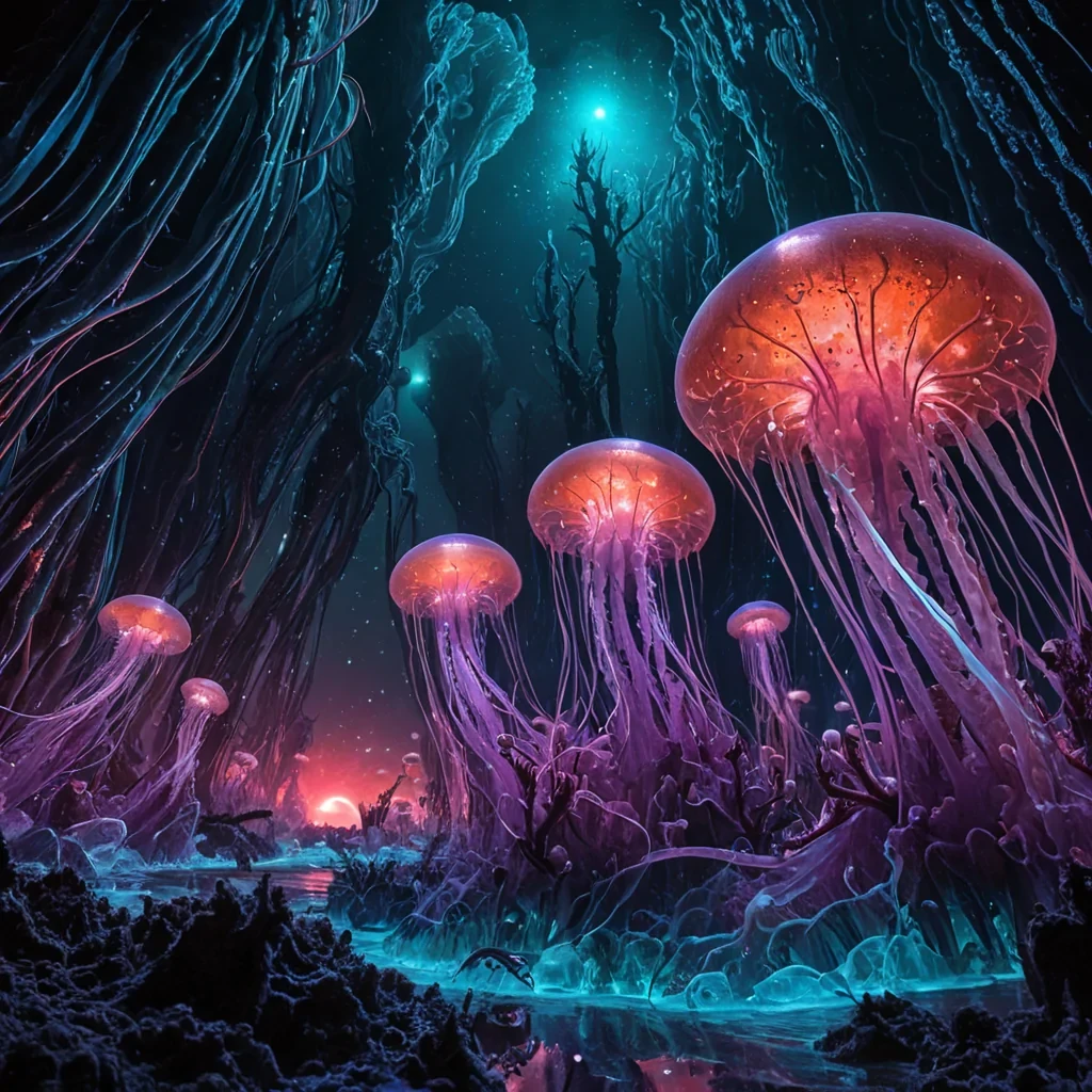 A colossal, bioluminescent kelp forest thrives beneath a frozen ocean on a tidallylocked exoplanet, its fronds pulsing with soft violet and cyan light as they sway in the slow, rhythmic currents. Towering glasslike structures, grown from crystalline algae, rise from the seabed, their surfaces etched with ancient, swirling patterns that glow faintly when touched by the planets dim, red sun. Floating above the forest are clusters of translucent, jellyfishlike creatures with iridescent membranes that emit harmonic chimes as they drift, their movements synchronized with the planets magnetic field. In the distance, a massive, obsidian monolithhalfburied in sedimentpulses with a