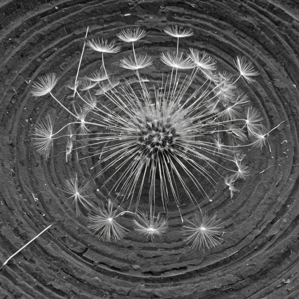 A single, selfsustaining dandelion of solidified static blooms at the center of a vast, still amphitheater carved from the hollowedout core of a dormant black hole, its seeds not fluffy but crystalline shards of compressed radio silence, each one etched with the faint, ghostly script of a message never sent. The dandelion does not grow upwardit expands outward in perfect geometric symmetry, its stem not plant matter but a single, coiled filament of solidified time, humming with the frequency of a decision deferred. The amphitheaters seats are not stone, but layers of frozen soundwaves from a thousand unrecorded apologies, arranged in concentric rings that pulse faintly with the emotional resonance of a