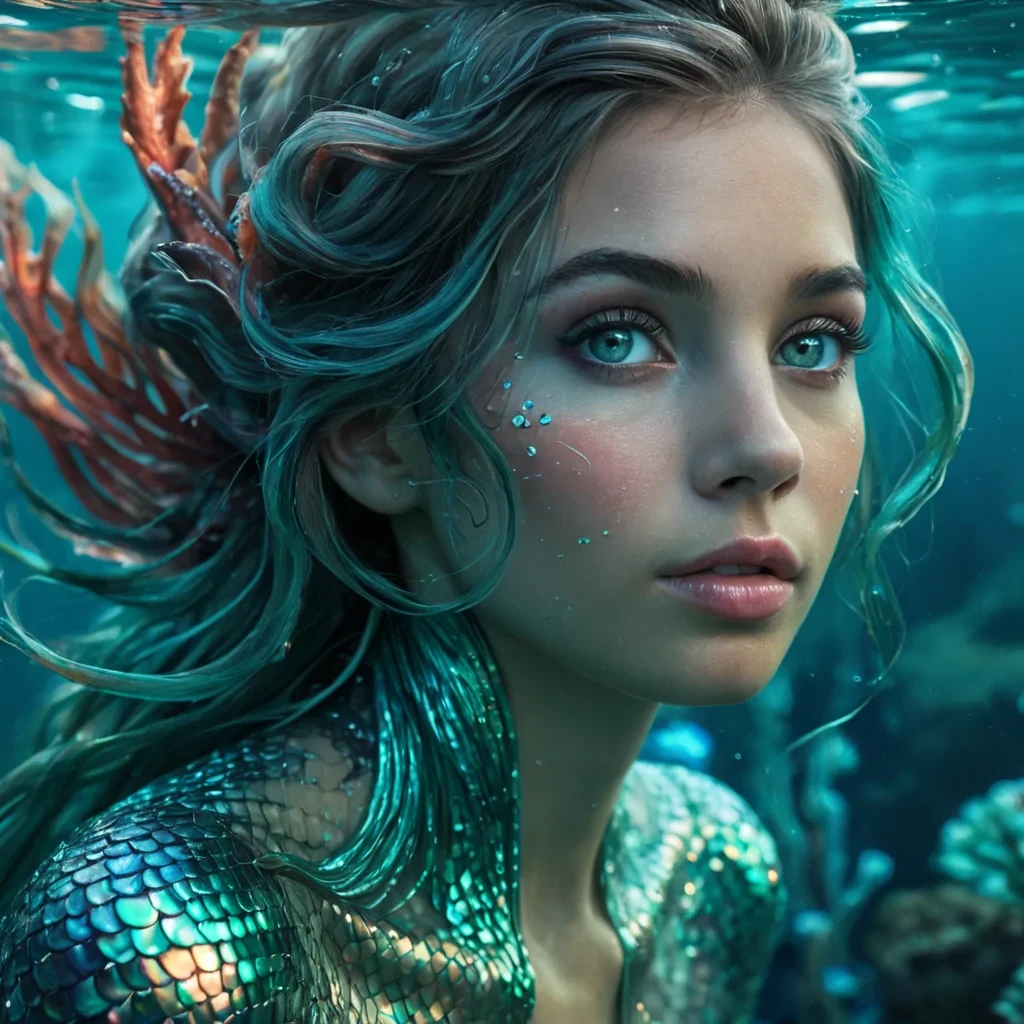 A hyperrealistic, 4K, ultra HD portrait of an underwater mermaid, her iridescent scales shimmering with the colors of a vibrant coral reef. The mermaids eyes, a deep, enigmatic turquoise, hold the secrets of a thousand oceanic mysteries. Her hair, a cascade of shimmering, seaweedlike tendrils, gently pulses with each beat of her aquatic heart. The background is a surreal, hightech underwater city filled with floating crystal spires and the soft glow of bioluminescent algae. Cinematic lighting accentuates the mermaids otherworldly beauty, while a subtle bokeh effect blurs the neonlit ocean depths, creating an intimate, focused atmosphere.