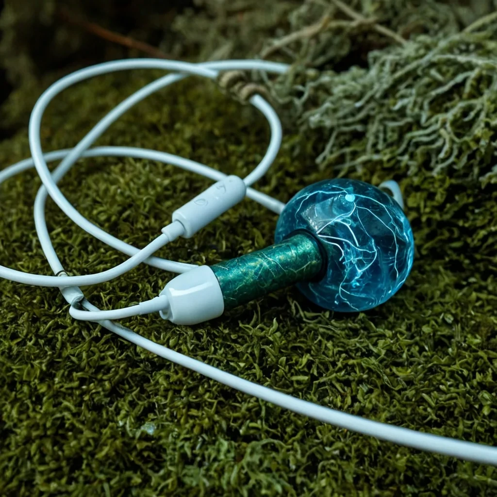 A vertical, extreme closeup of a single, oversized, translucent earbud resting on a surface of woven, luminescent moss fibers. The earbud is crafted from a solid block of deep, cobalt blue quartz, with a matte, frosted finish that diffuses the light from within. Embedded inside the quartz is a miniature, frozen storm cloud, with tiny, swirling white vortices and microbolts of lightning suspended in the glass. The charging contacts on the back of the earbud are made of braided, copper wire, oxidized to a rich, green patina. The moss surface beneath glows with a soft, bioluminescent green, casting a cool, ambient light that contrasts with the deep blue of