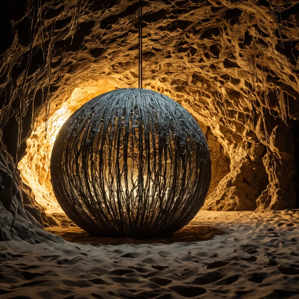 A hyperrealistic, eyelevel macro shot of a colossal, suspended sphere made of woven, iridescent kelp fibers, floating gently in a vast, dimly lit cavern filled with warm, humid air. Inside the permeable sphere, a miniature, selfcontained desert ecosystem thrives, featuring smooth, white limestone formations and tiny, slowmoving silver beetles that scatter across the sand. The sphere is tethered to the cavern ceiling by thick, braided ropes of braided silk that glow with a faint, pulsating amber light, creating a rhythmic visual beat against the dark, wet stone walls of the cavern. Sunlight filters through cracks in the cavern roof above, casting sharp, dramatic beams of light that pierce through the k