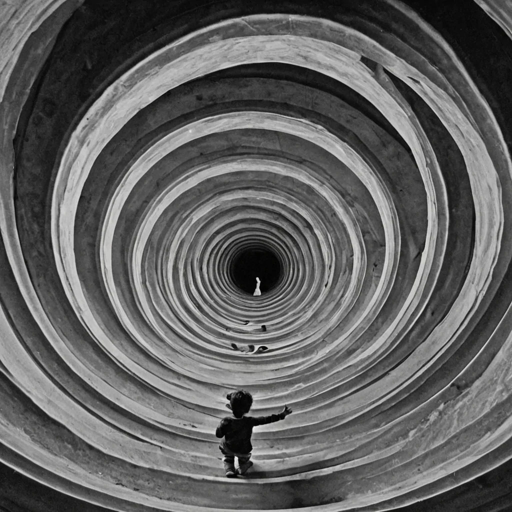 A single, selfsilencing echo of reversed laughter, shaped like a 17,349dimensional spiral of unformed joy and inverted resonance, drifts through the center of a vast, inverted cathedral of solidified sorrow. Each ripple is born from the exact moment between a childs giggle fading into air and its refusal to vanish, a hand clapping in celebration and dissolving into noncontact, a song beginning to rise and collapsing into pure, unmeasured nonharmony. The spiral does not amplify soundit unamplifies it, each receding wave shedding a layer of emotional potential that never coalesced into warmth, connection, or shared delight, reforming into ephemeral, rosequartz veined mist