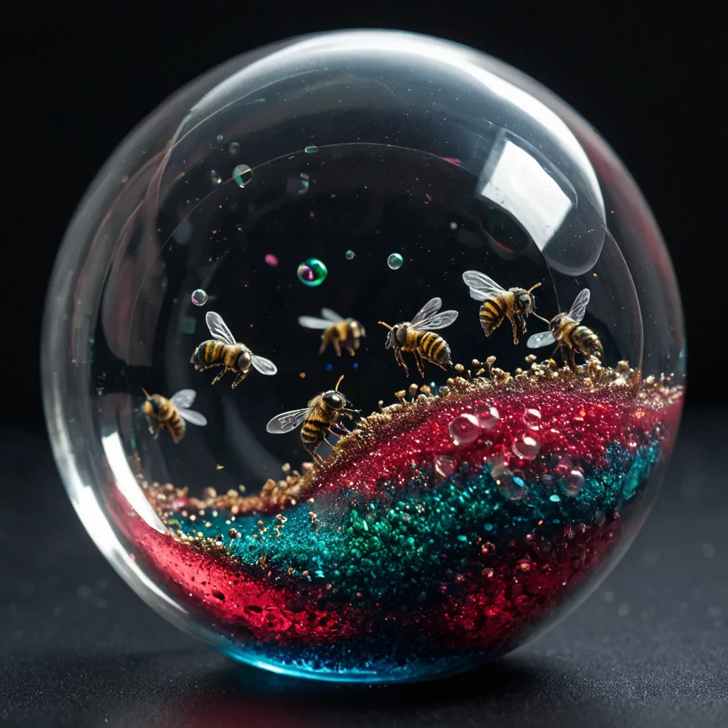 A horizontal, macro closeup shot of a delicate, translucent soap bubble floating in a vacuum chamber, its surface acting as a distorted lens that reveals an inverted, miniature landscape of rolling hills made from vibrant, layered sheets of crushed gemstone dust in shades of ruby red, sapphire blue, and emerald green. The bubble is tethered by a single, fine strand of glowing fiberoptic thread that connects it to a floating, geometric dodecahedron made of matte black carbon fiber. Inside the bubble, tiny, mechanical bees made of polished brass and crystal wings hover in synchronized formation, collecting pollen made of shimmering gold leaf. The background is a deep, velvety black void with soft, outoffocus bokeh lights in