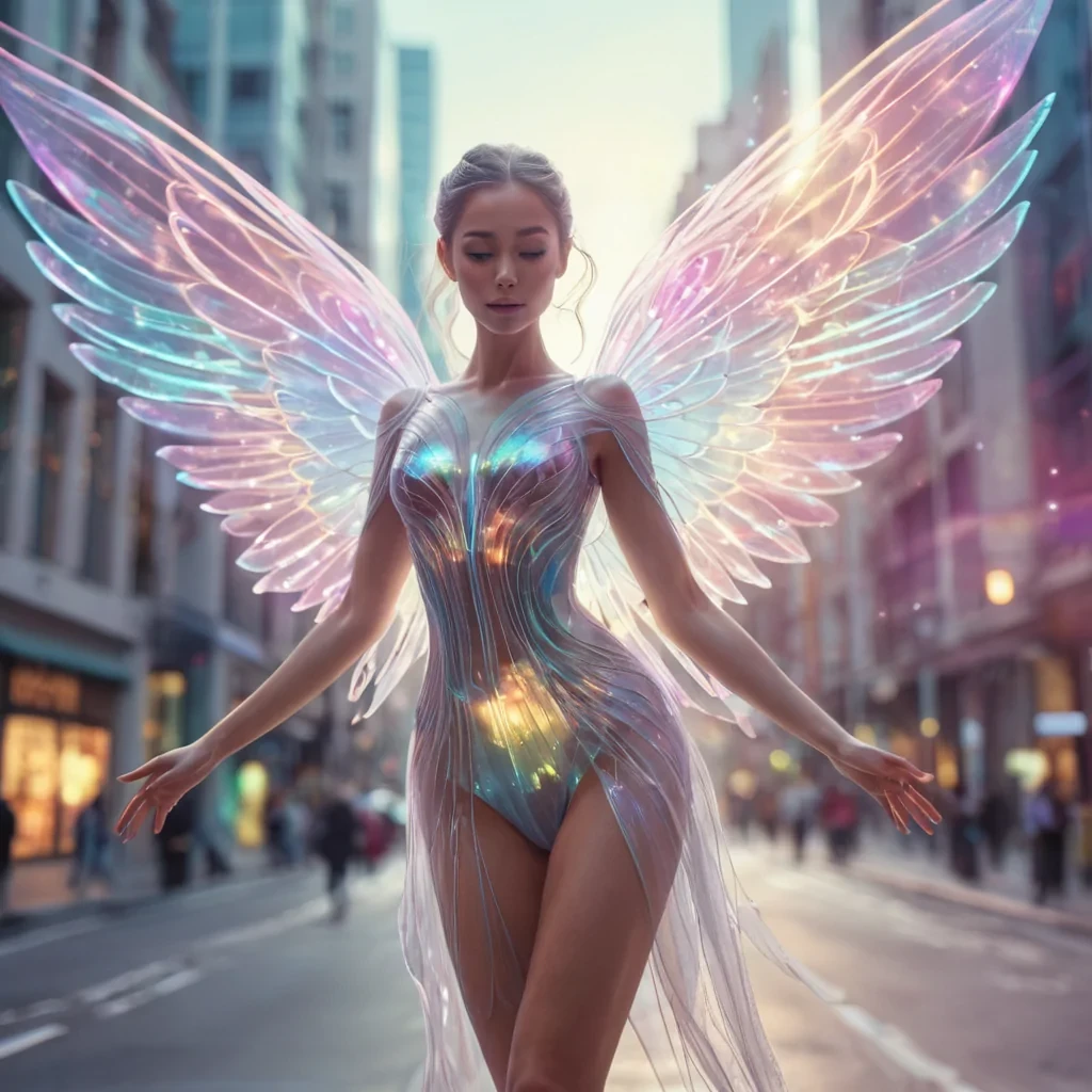Hyperrealistic portrait of a glowing ethereal being with iridescent wings, set against a futuristic cityscape with pastel tones, dynamic lighting, volumetric light beams swirling around, soft focus on the intricate, luminous patterns on her wings, vibrant colors, 4K resolution, lens flare dancing in the background.