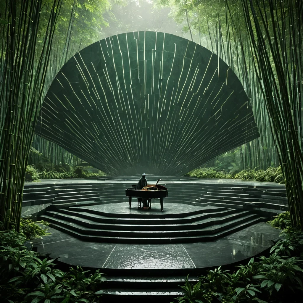 A horizontal, eyelevel medium shot of a tranquil, circular amphitheater constructed from layered, semitranslucent sheets of compressed green jade, set within a dense, mistshrouded bamboo forest that has been stylized into a geometric, lowpoly environment. The bamboo stalks are rendered as sharp, emeraldgreen triangular facets that rise vertically, their surfaces etched with glowing, goldleaf circuitry patterns that pulse with soft, rhythmic light. In the center of the amphitheater sits a solitary, ancientlooking grand piano made entirely of polished obsidian, its lid open to reveal strings of shimmering, liquid silver that ripple like water when touched. A figure wearing a traditional, widesleeved robe made of sheer,
