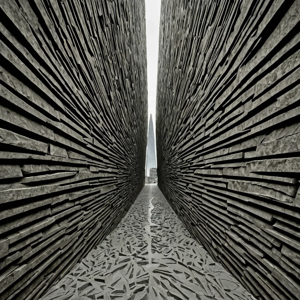 A single, selfreflecting shard of reversed geometry, shaped like a 17dimensional prism of unformed symmetry and inverted perspective, floats at the center of a vast, inverted labyrinth of solidified shadoweach corridor carved from the petrified instant between a glance and its misdirection, a turn and its refusal, a decision to walk straight and the choice to vanish into the wall. The shard does not mirrorit unsees, each fractured facet shedding a layer of optical potential that never coalesced into a shared angle, reforming into ephemeral, onyxthreaded afterimages shaped like the negative space between two mirrors that never faced each other, suspended in the silent, breathless gaze of a world that once knew direction