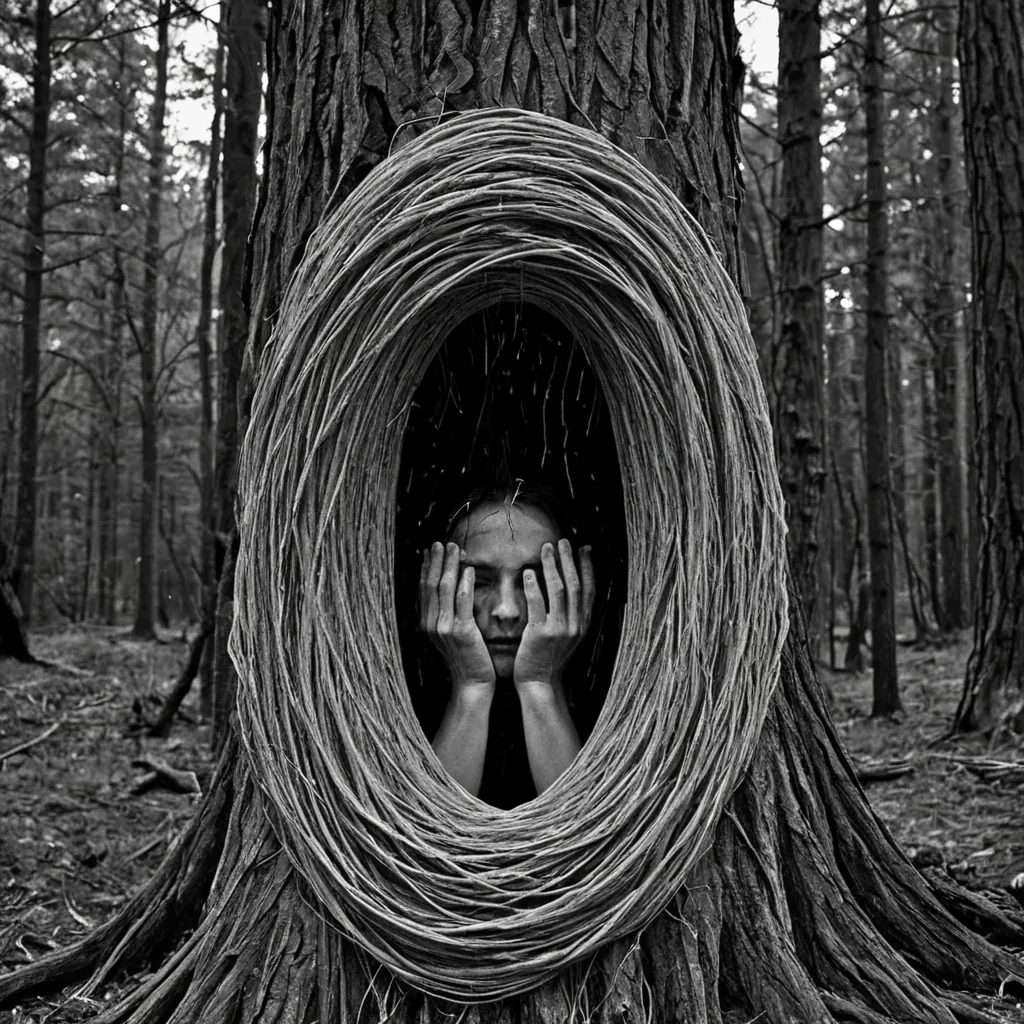 A single, selfattuning filament of reversed memory, shaped like a 59dimensional braid of unformed recollection and inverted nostalgia, drifts through the center of a vast, inverted forest of solidified silenceeach tree carved from the petrified instant between a name whispered and its forgetting, a face seen and its erasure, a moment shared and its dissolution into the void. The filament does not recallit unremembers, each shimmering strand shedding a layer of mnemonic potential that never coalesced into a shared past, reforming into ephemeral, opalthreaded afterimages shaped like the negative space between two hands that never touched, suspended in the breathless, colorless stillness of a world where time