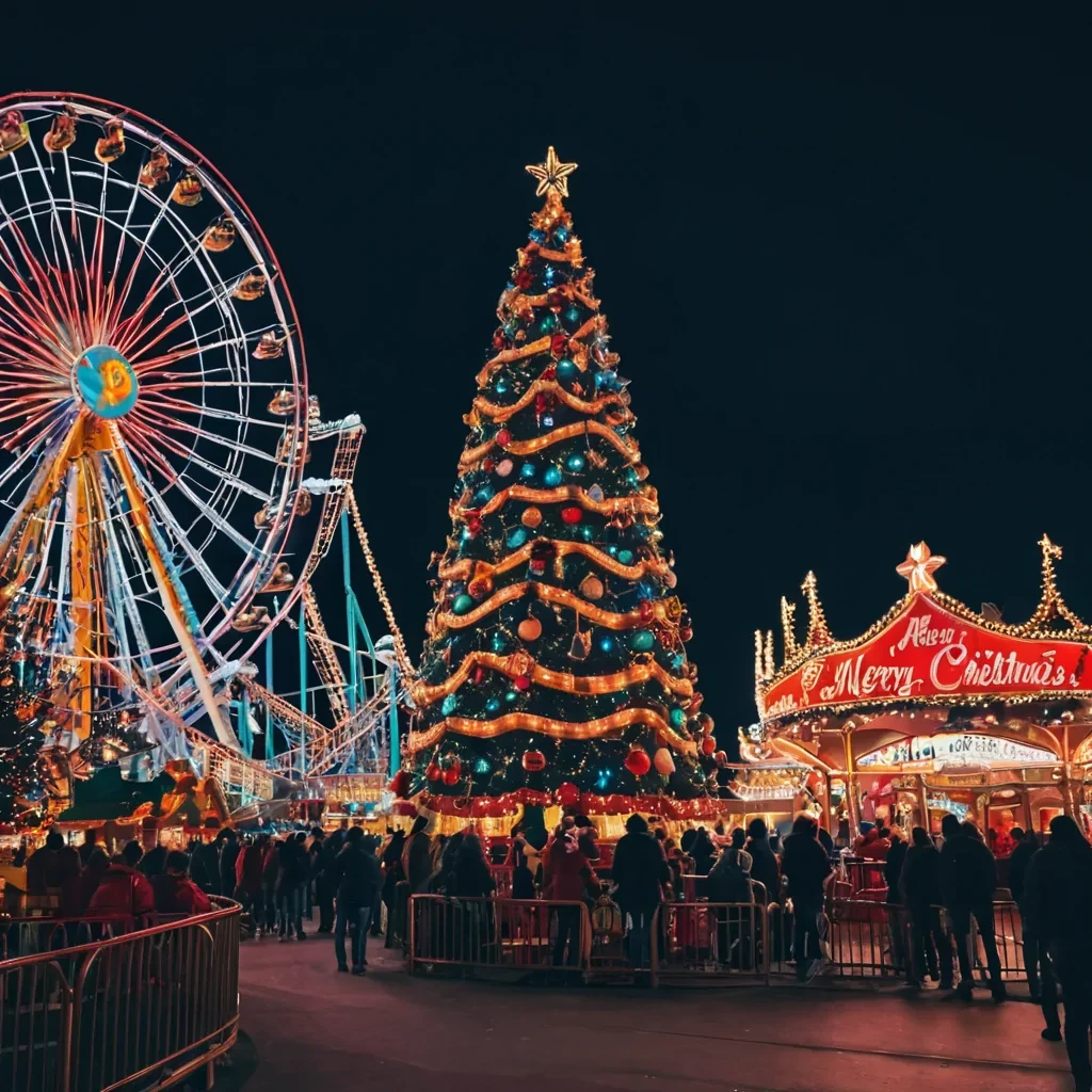 An Amusement Park at Christmas big beautiful Christmas tree surrounded by roller coaster and other rides