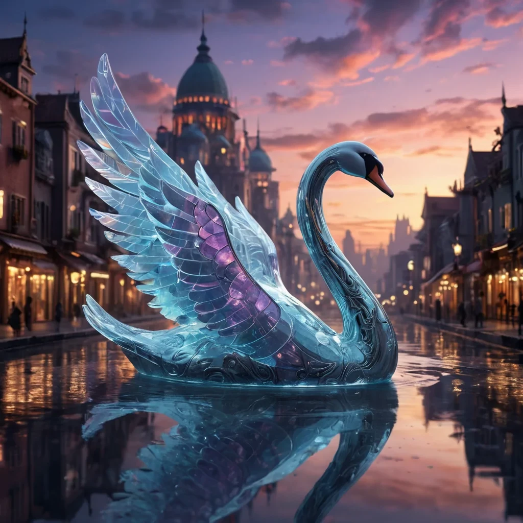 An ancient, floating city, carved from iridescent crystal, suspended amidst a perpetual twilight sky filled with bioluminescent clouds. A lone, robotic swan, its metallic feathers reflecting the citys glow, glides through the air, casting a soft, ethereal shadow on the citys transparent streets. Rendered in ultra HD, with volumetric lighting and a subtle bokeh effect, evoking a sense of tranquil, otherworldly serenity.