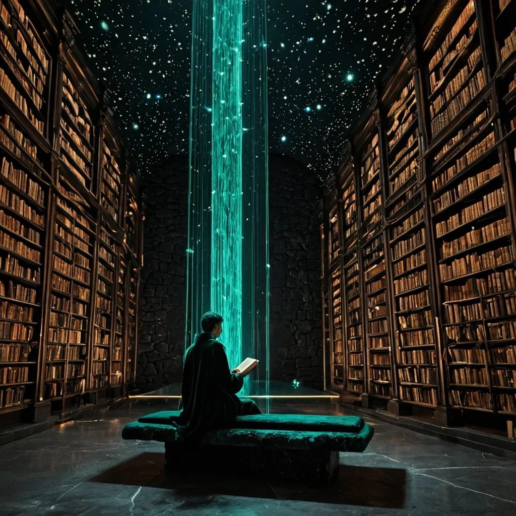 A vertical, eyelevel medium shot of a quiet, interior library constructed from seamless, matteblack volcanic rock, where the shelves are replaced by vertical columns of flowing, slowmoving liquid amber that suspend ancient, leatherbound books in midair. The books float at various heights, their spines glowing with faint, warm emerald light that illuminates the textured, porous surface of the rock walls. In the center, a solitary figure wearing a structured, highcollared coat made of deep navy velvet sits on a minimalist, floating bench of polished onyx, reading a holographic scroll that projects soft, shifting constellations into the dim air. The scene is bathed in a cool, moonlit blue ambient glow that contrasts with the warm,