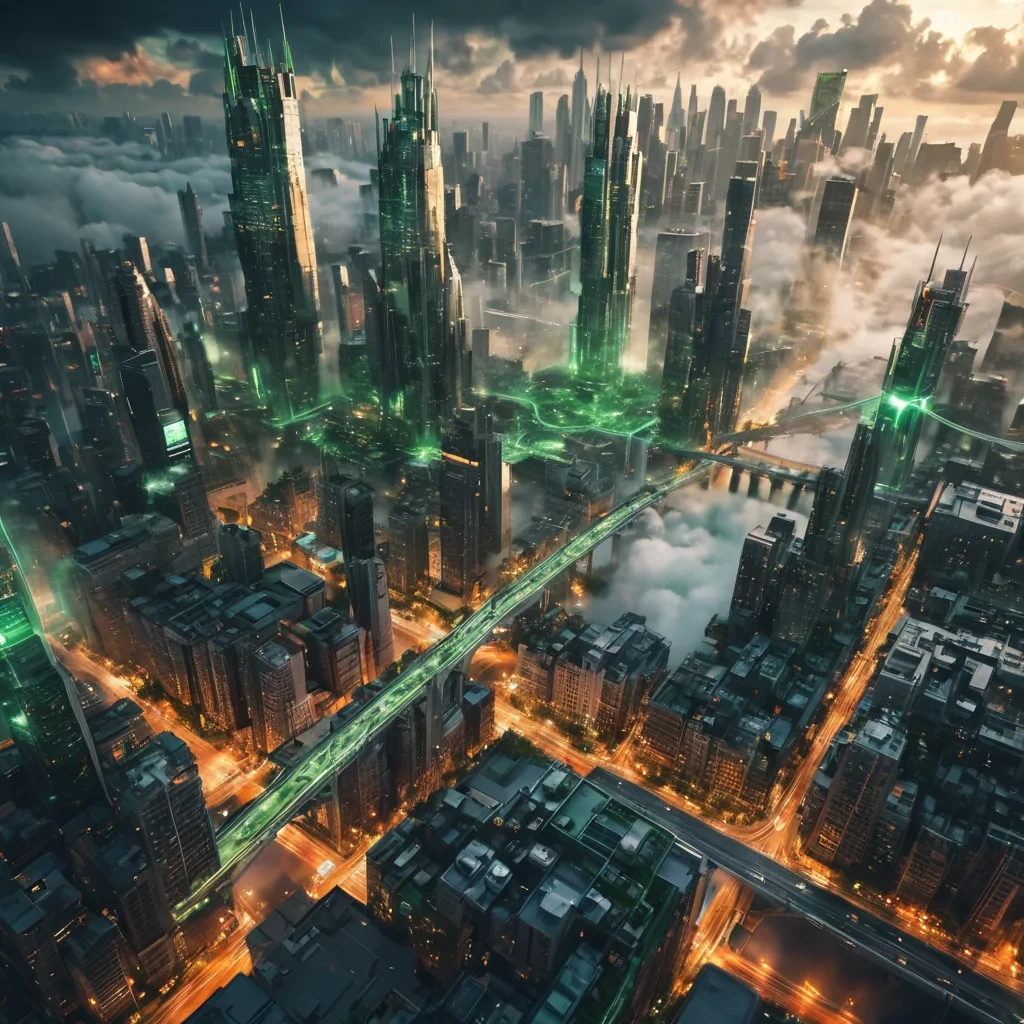 A sprawling metropolis suspended in the clouds, connected by transparent bridges, where buildings morph into colossal, luminescent sculptures, hyperrealistic, ultra HD, cinematic lighting, volumetric lighting, atmospheric effects, dynamic lighting, bokeh effect, soft focus, lens flare, vivid magentas, electric greens, and glowing oranges, detailed textures.