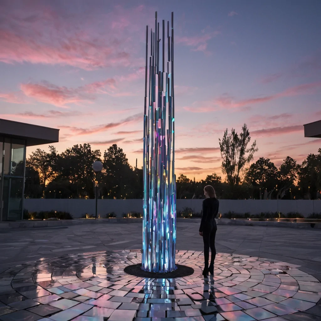 A photorealistic, eyelevel medium shot of a tranquil, circular plaza paved with polished, iridescent motherofpearl tiles that shimmer with shifting hues of pink, blue, and gold under a twilight sky. In the center stands a towering, abstract sculpture made of interlocking, translucent geometric shards of frosted glass, each shard containing a suspended, slowmoving cloud of iridescent vapor. Surrounding the sculpture are dozens of slender, metallic poles topped with glowing orbs that pulse in synchronized rhythm, casting long, soft shadows across the reflective floor. In the foreground, a figure wearing a sleek, minimalist outfit of matte charcoal fabric with subtle, glowing silver seams stands still, gazing upward at the sculpture. The air is filled with